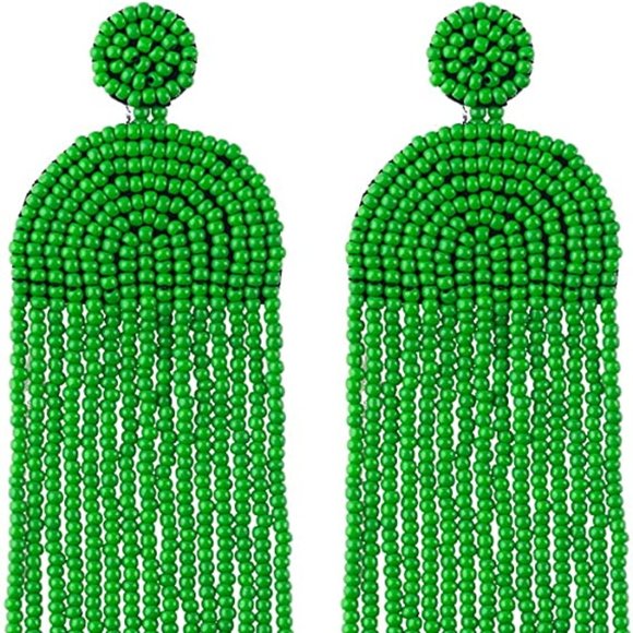 Long Lime Green 4.5" Modern Art Deco Oversized Earrings Beaded Bohemian Tassle - Picture 2 of 5